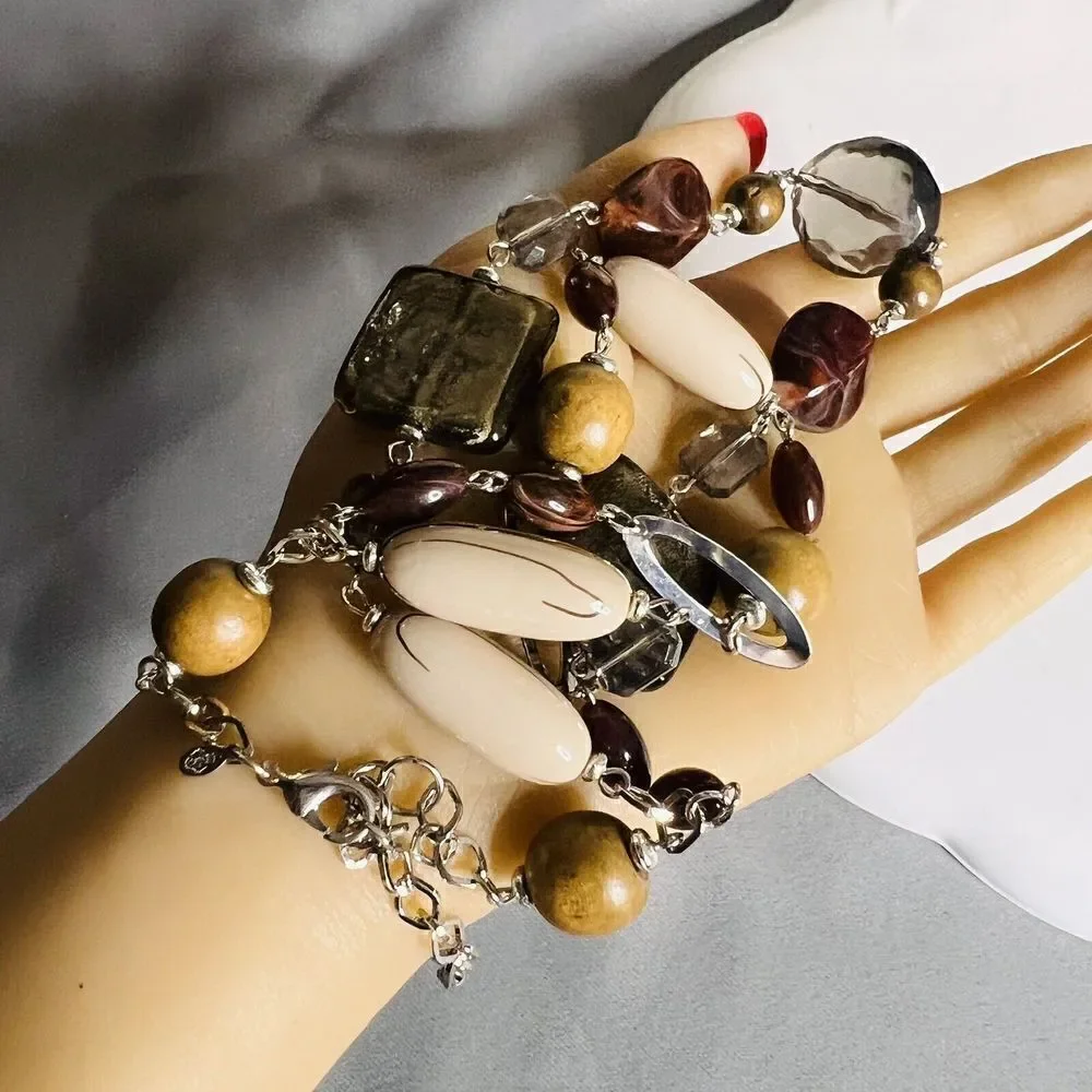 Premier Designs  SABLE 2 Strand Necklace Earth Tones Chunky Beads Glass Resin